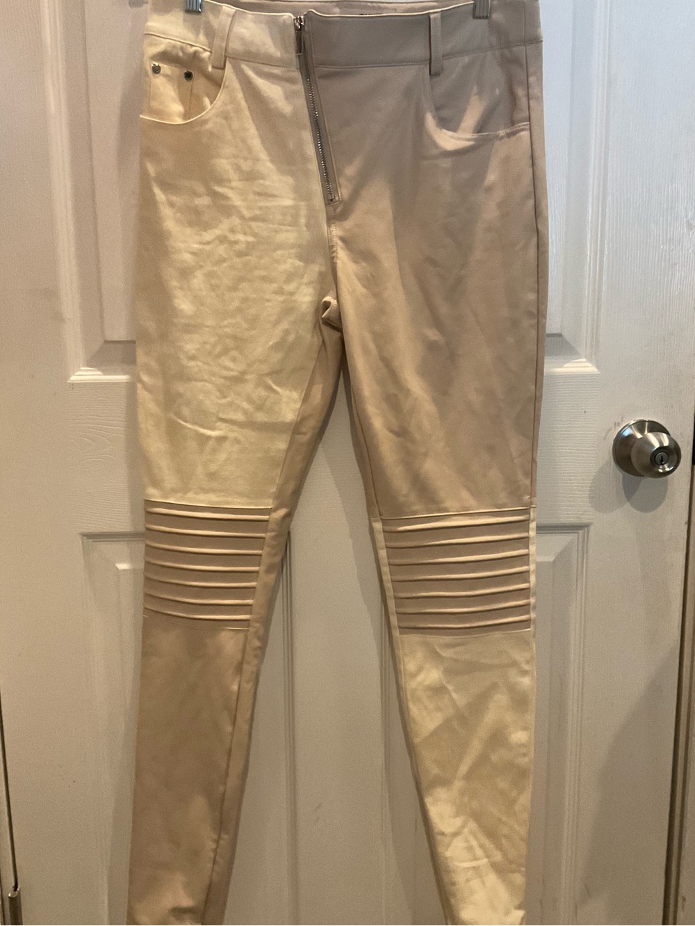 Manière De Voir Cream Moto Biker Pintuck Skinny Pants US 10